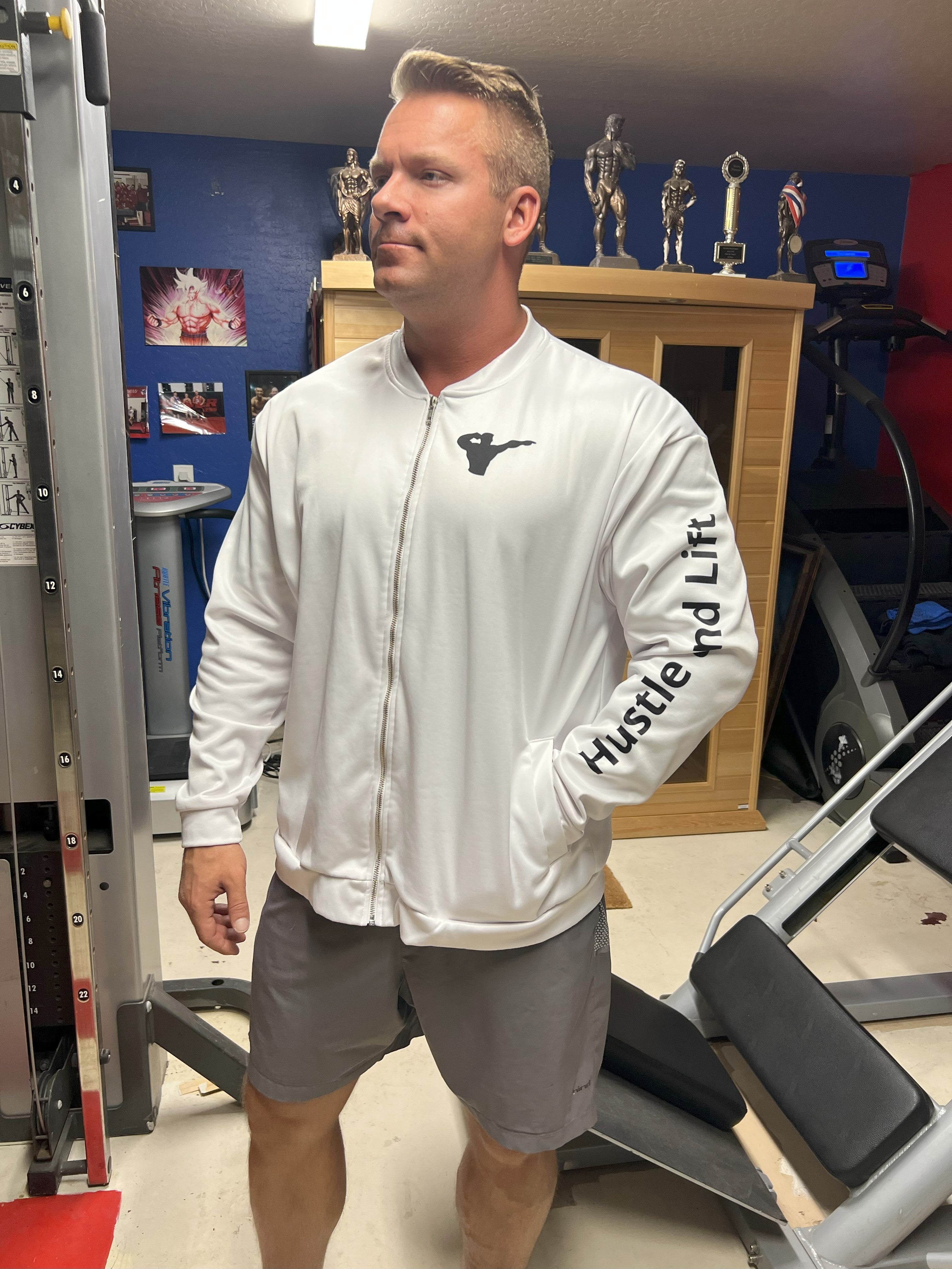 Hustle & Lift Fitness Bomber Jacket Long Sleeve - White